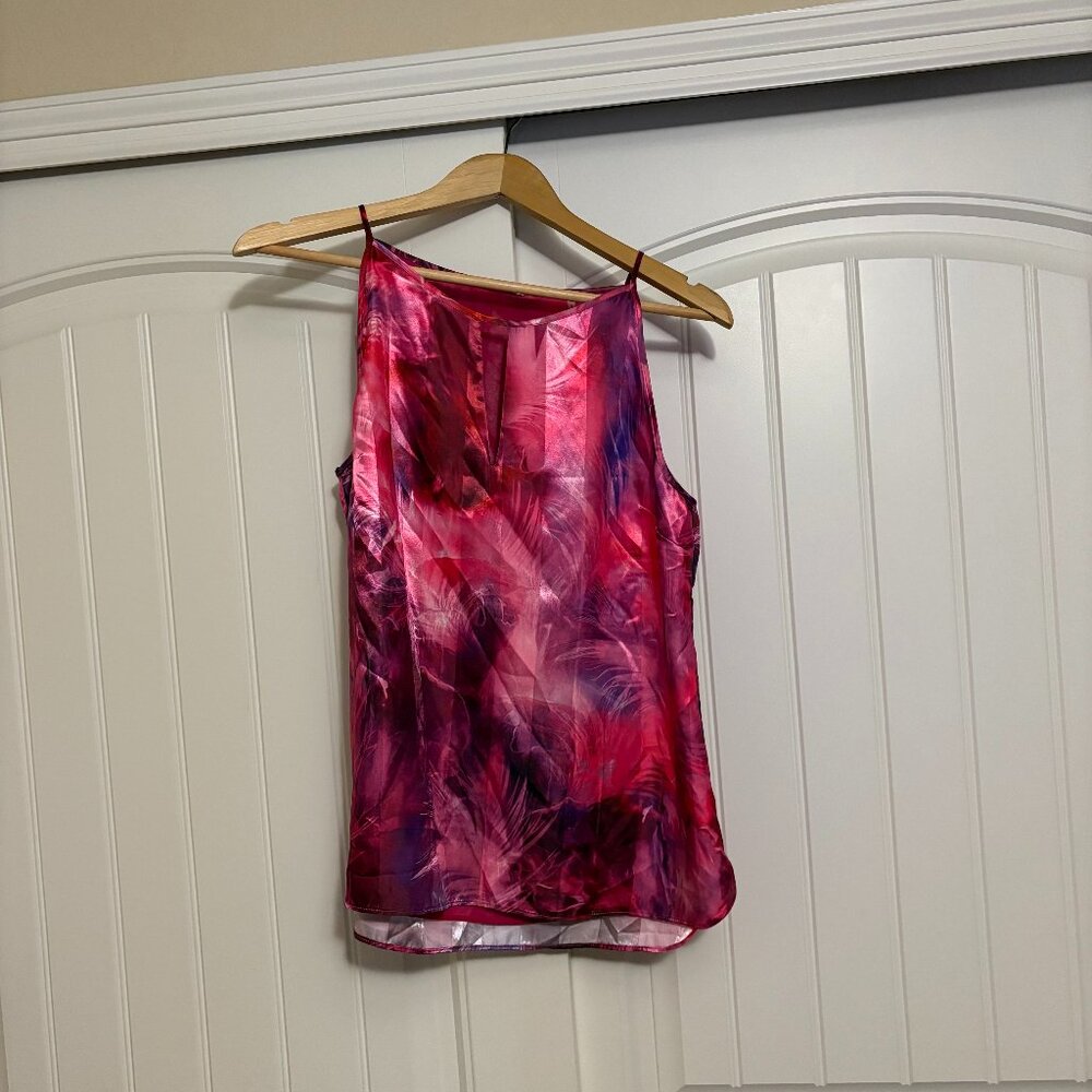 T Tahari Sleeveless Blouse Small Pink Striped Floral Print Keyhole Front Lined